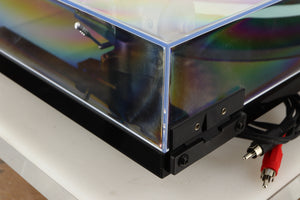 Rear right corner of a used Rega Planar 2 Turntable / AT-VM95SH Cartridge in a black finish