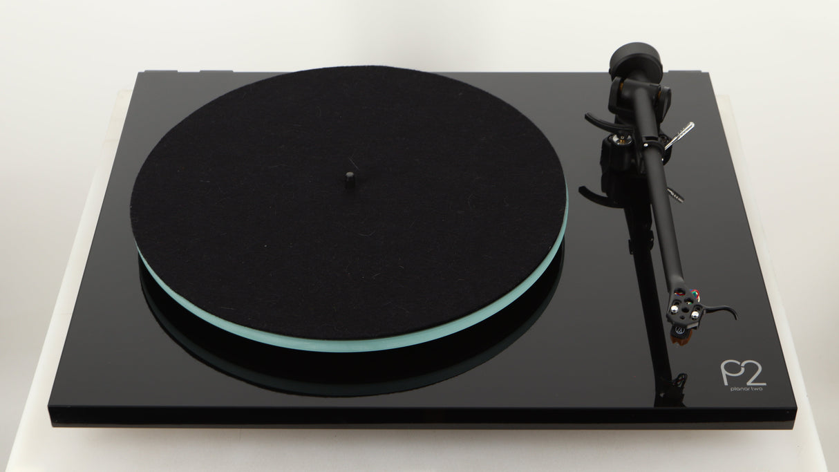 Top of a used Rega Planar 2 Turntable / AT-VM95SH Cartridge in a black finish