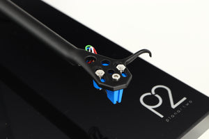 Close up of a used Rega Planar 2 / Elys 2 Cartridge in a black gloss finish showing the cartridge