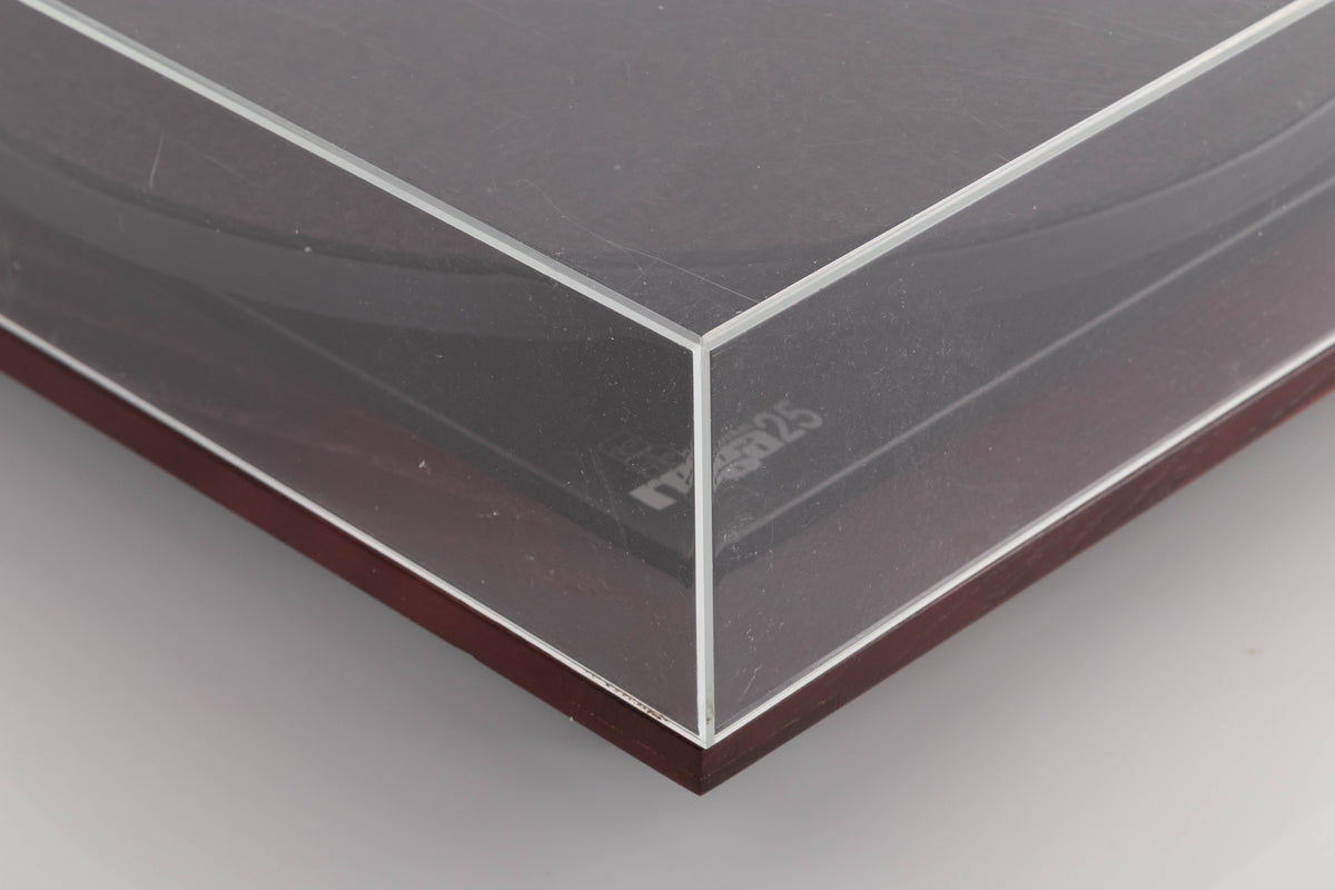 Front left corner view of a used Rega Planar 25 Turntable in Black with Elys Cartridge