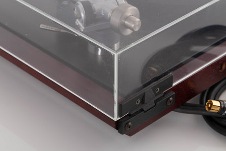 Rear left corner view of a used Rega Planar 25 Turntable in Black with Elys Cartridge