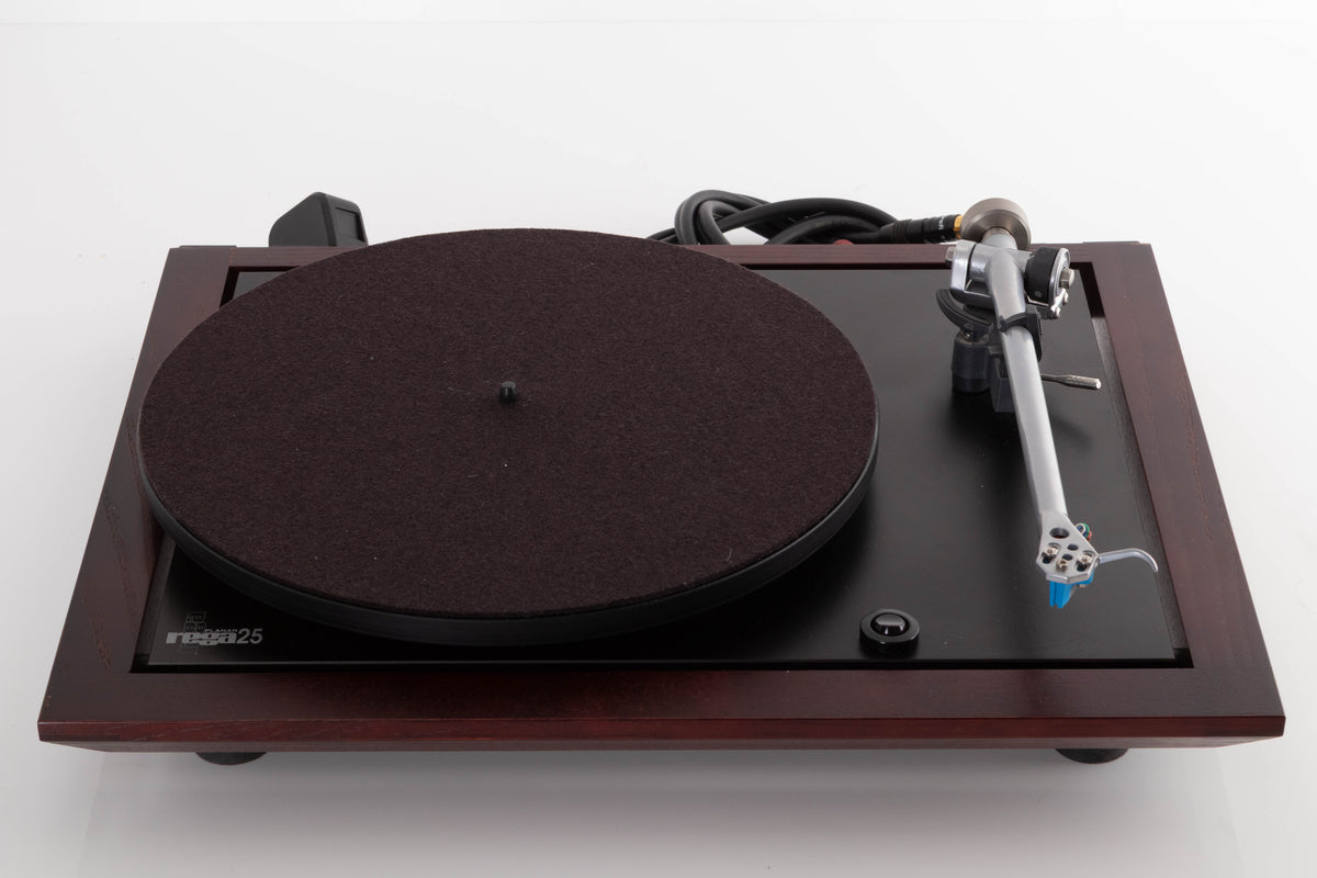 Top view of a used Rega Planar 25 Turntable in Black with Elys Cartridge