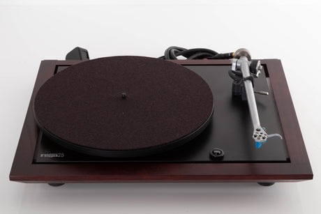 Top view of a used Rega Planar 25 Turntable in Black with Elys Cartridge