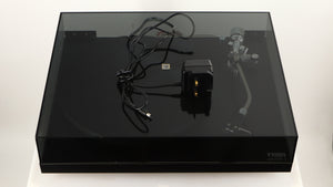 Front view of a used Rega Planar 3 (24V Motor Upgraded) Turntable / Grado F3+ Cartridge in a black finish showing PSU
