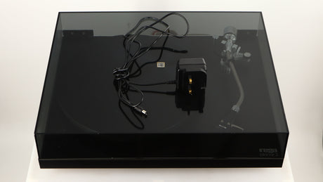 Front view of a used Rega Planar 3 (24V Motor Upgraded) Turntable / Grado F3+ Cartridge in a black finish showing PSU