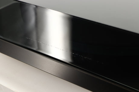 Close up of a used Rega Planar 3 (24V Motor Upgraded) Turntable / Grado F3+ Cartridge in a black finish showing scratching on lid