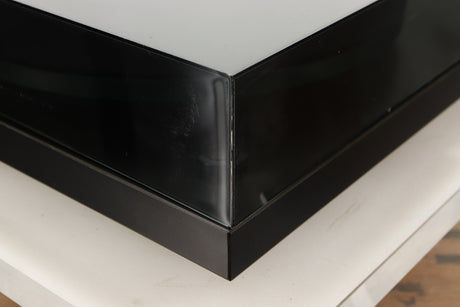 Front left corner of a used Rega Planar 3 (24V Motor Upgraded) Turntable / Grado F3+ Cartridge in a black finish