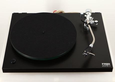 Front view of a used Rega Planar 3 (24V Motor Upgraded) Turntable / Grado F3+ Cartridge in a black finish