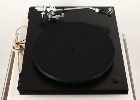 Left side view of a used Rega Planar 3 (24V Motor Upgraded) Turntable / Grado F3+ Cartridge in a black finish