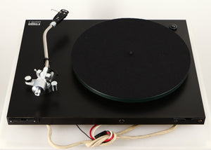 Rear view of a used Rega Planar 3 (24V Motor Upgraded) Turntable / Grado F3+ Cartridge in a black finish