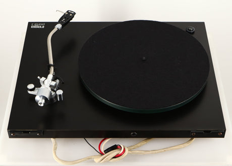 Rear view of a used Rega Planar 3 (24V Motor Upgraded) Turntable / Grado F3+ Cartridge in a black finish
