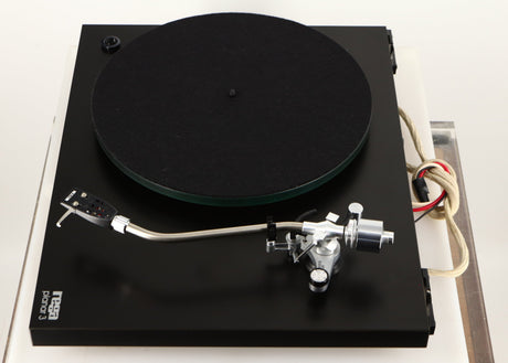 Right side view of a used Rega Planar 3 (24V Motor Upgraded) Turntable / Grado F3+ Cartridge in a black finish