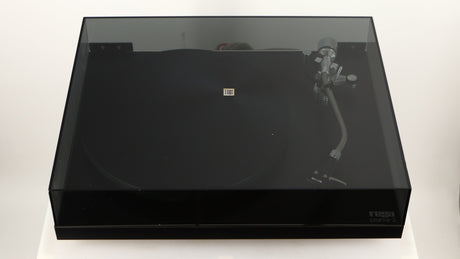 Front view of a used Rega Planar 3 (24V Motor Upgraded) Turntable / Grado F3+ Cartridge in a black finish showing lid