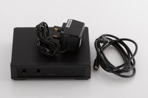Accessories for a used Rega Planar 3 50th Anniversary Turntable in a Walnut finish showing NEO PSU MK2, PSU and DIN Cable