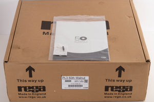Box for a used Rega Planar 3 50th Anniversary Turntable in a Walnut finish showing Manual and Speed Adjustment Tool