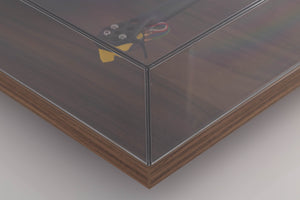 Front right corner of a used Rega Planar 3 50th Anniversary Turntable in a Walnut finish