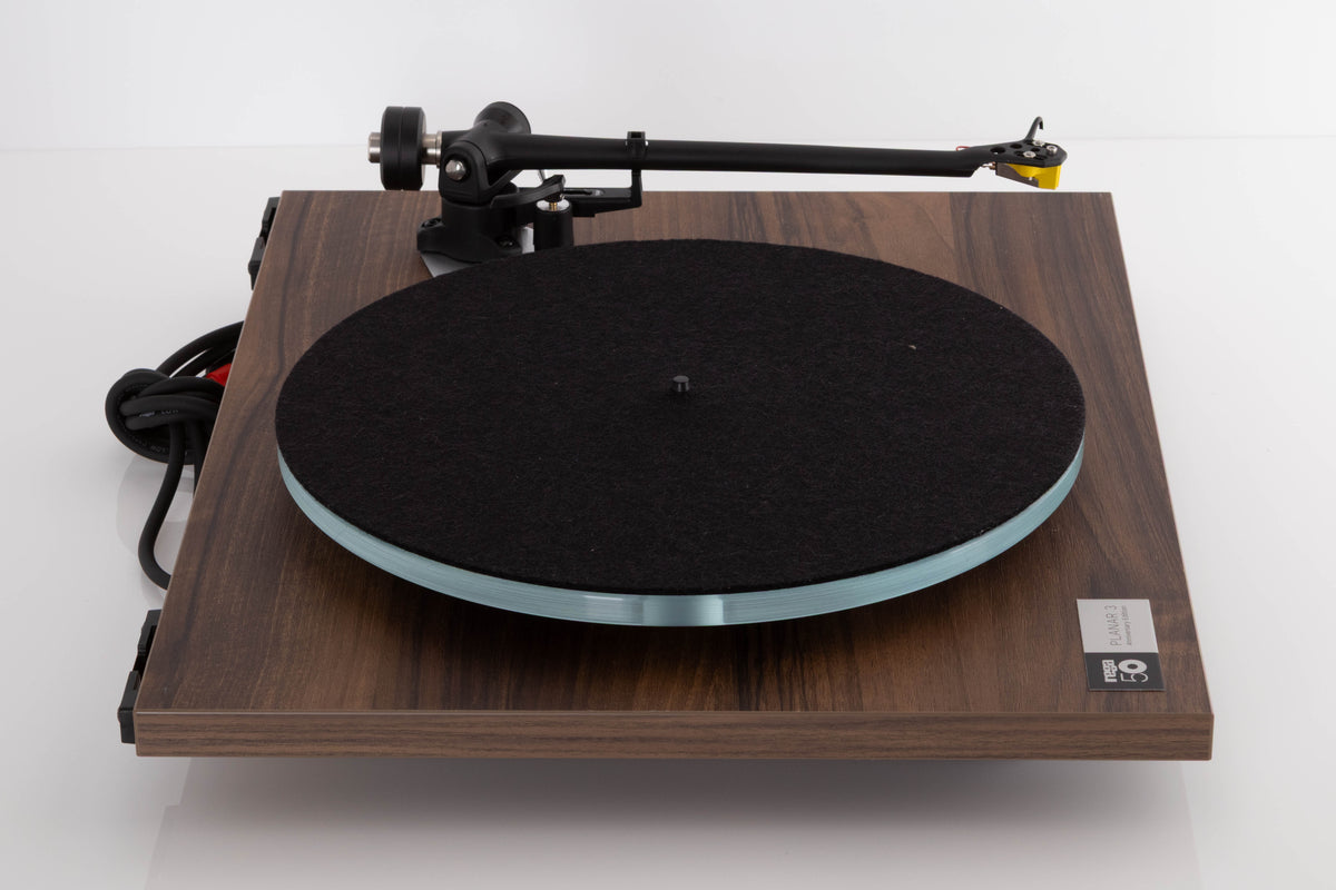 Left side view of a used Rega Planar 3 50th Anniversary Turntable in a Walnut finish