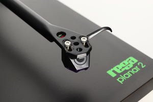 Close up of a used Rega Planar 3 (24V Upgraded) Turntable / Goldring E3 Cartridge in a black finish showing the cartridge