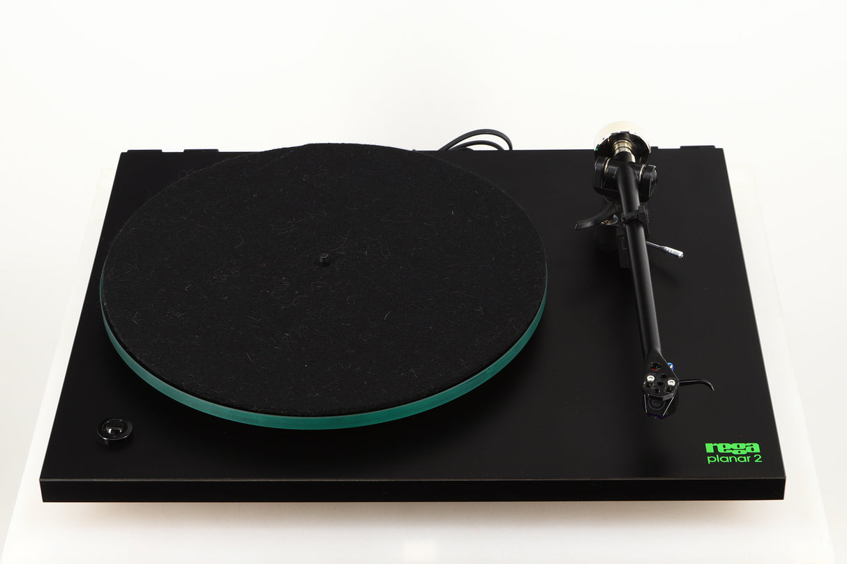 Front view of a used Rega Planar 3 (24V Upgraded) Turntable / Goldring E3 Cartridge in a black finish