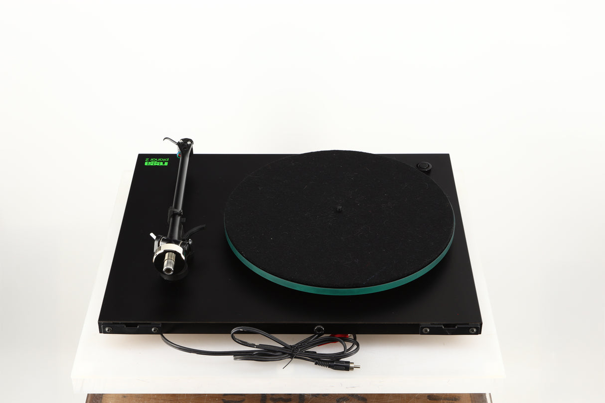 Rear view of a used Rega Planar 3 (24V Upgraded) Turntable / Goldring E3 Cartridge in a black finish