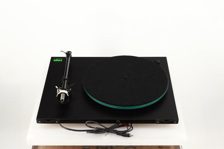 Rear view of a used Rega Planar 3 (24V Upgraded) Turntable / Goldring E3 Cartridge in a black finish