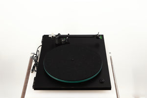 Left side view of a used Rega Planar 3 (24V Upgraded) Turntable / Goldring E3 Cartridge in a black finish