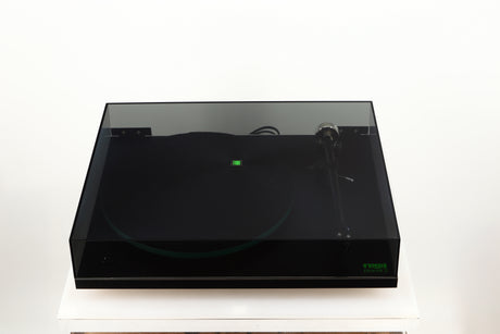 Top of a used Rega Planar 3 (24V Upgraded) Turntable / Goldring E3 Cartridge in a black finish