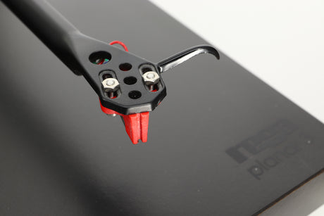 Close up of a used Rega Planar 3 Turntable 24V Upgraded in a black finish showing the cartridge