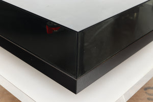 Front right corner of a used Rega Planar 3 Turntable 24V Upgraded in a black finish