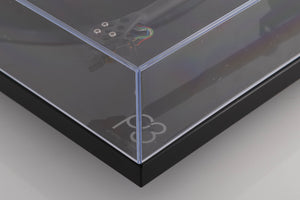 Front right corner view of a used Rega Planar 3 Turntable in Black with ND7 Cartridge
