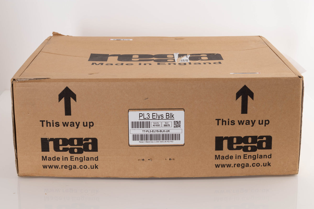 Box of a used Rega Planar 3 Turntable in Black with Elys Cartridge