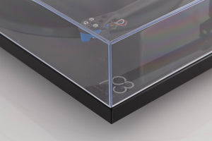 Front right corner view of a used Rega Planar 3 Turntable in Black with Elys Cartridge