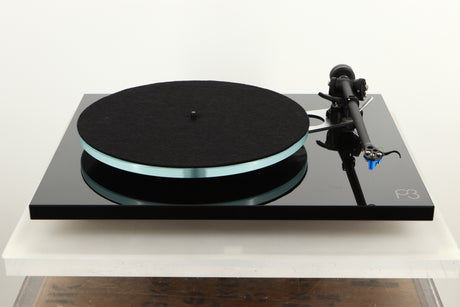Front view of a used Rega Planar 3 Turntable in Black finish with an Elys Cartridge