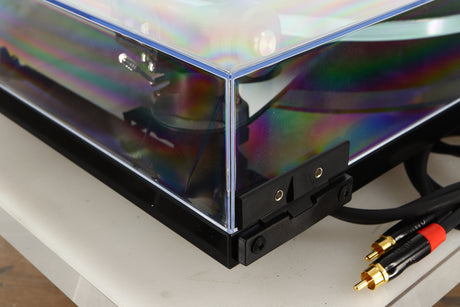 Rear left corner view of a used Rega Planar 3 Turntable in Black finish with an Elys Cartridge