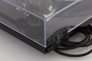 Rear left corner view of a used Rega Planar 3 Turntable in Black with Elys Cartridge