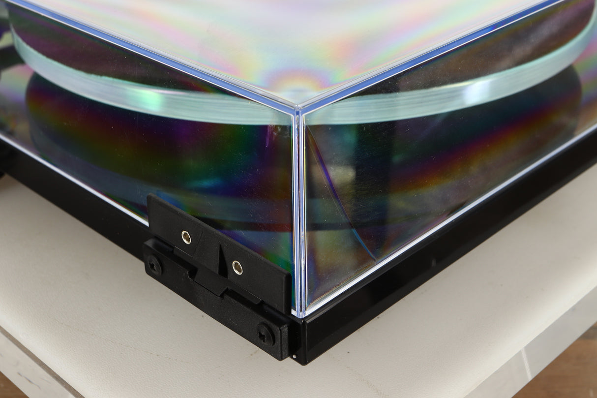Rear right corner view of a used Rega Planar 3 Turntable in Black finish with an Elys Cartridge