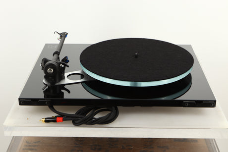 Rear view of a used Rega Planar 3 Turntable in Black finish with an Elys Cartridge