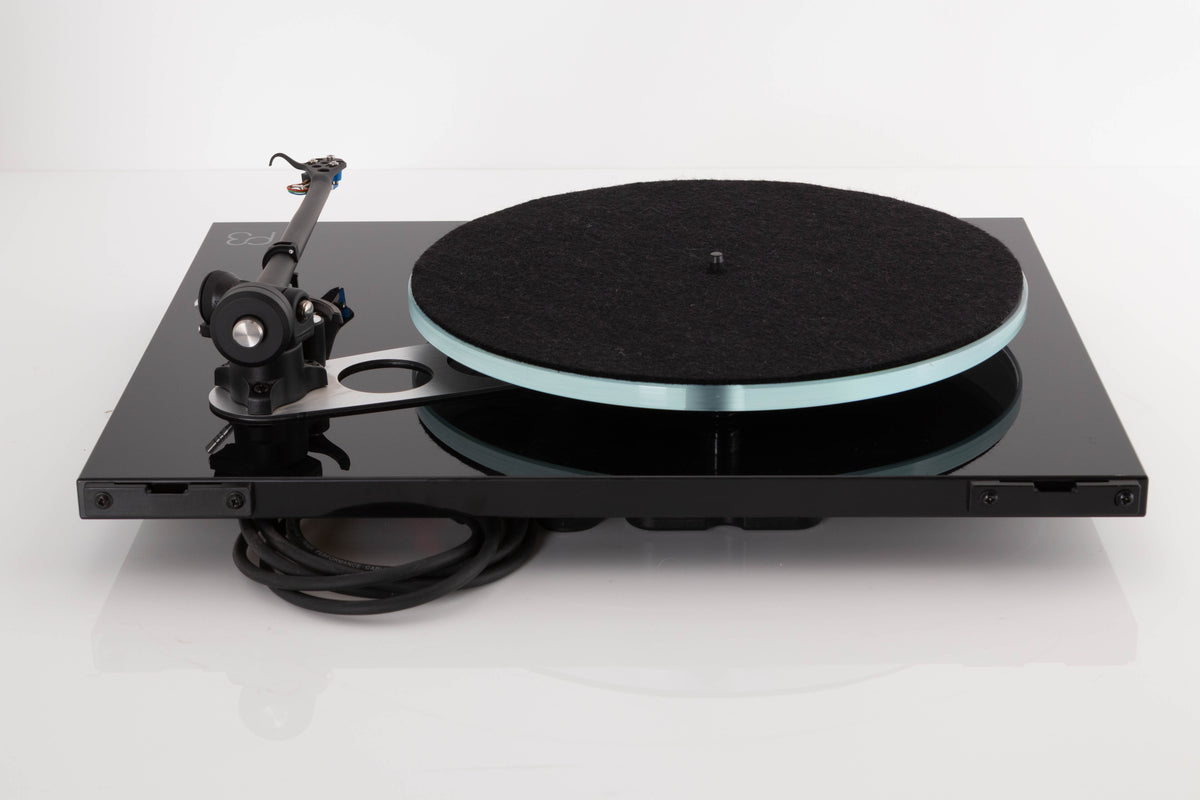 Rear view of a used Rega Planar 3 Turntable in Black with Elys Cartridge