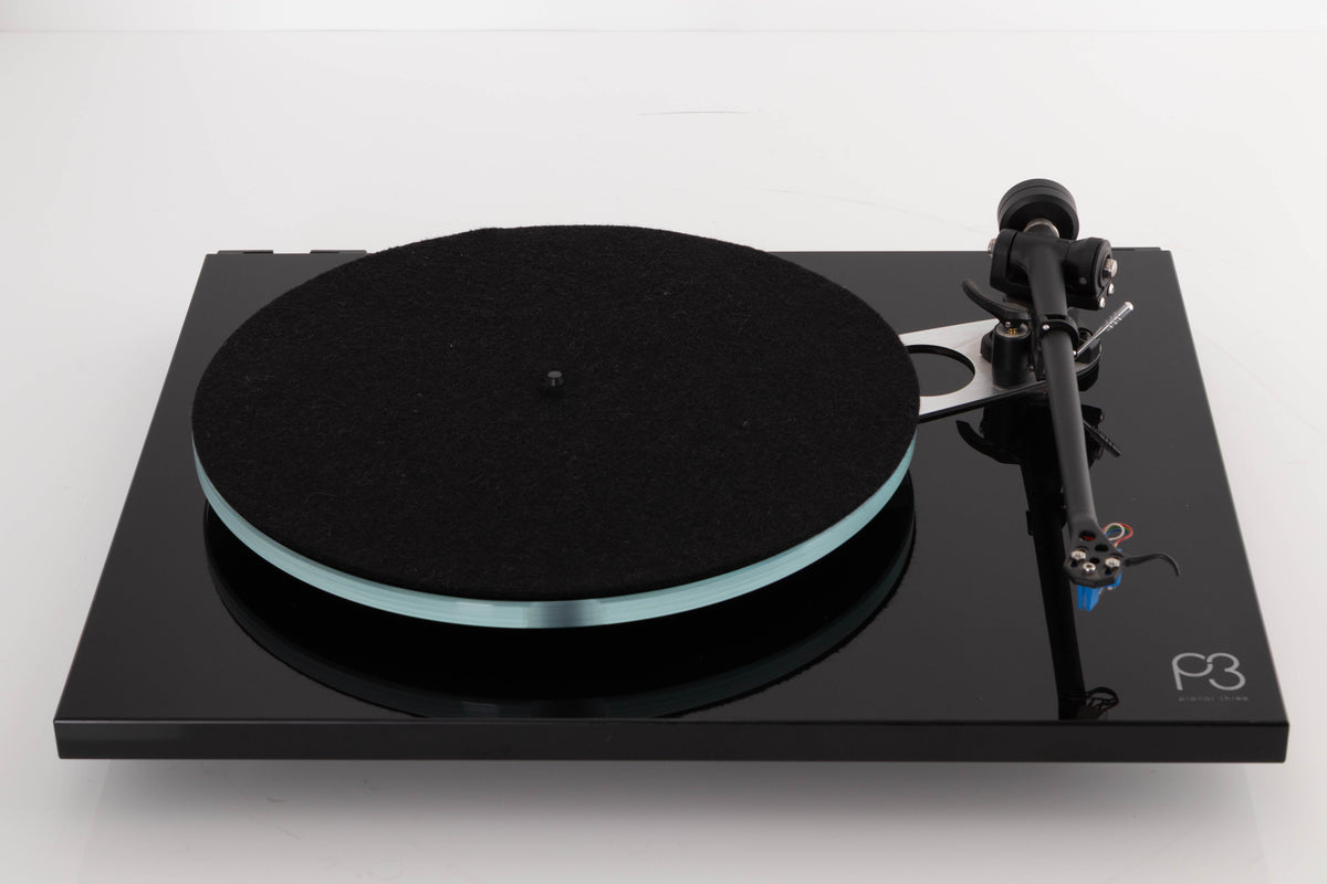 Top view of a used Rega Planar 3 Turntable in Black with Elys Cartridge