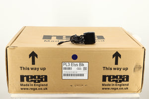 Box for a used Rega Planar 3 Turntable / Elys Cartridge in a black finish showing PSU