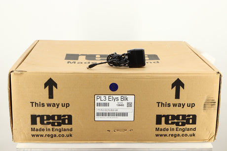 Box for a used Rega Planar 3 Turntable / Elys Cartridge in a black finish showing PSU
