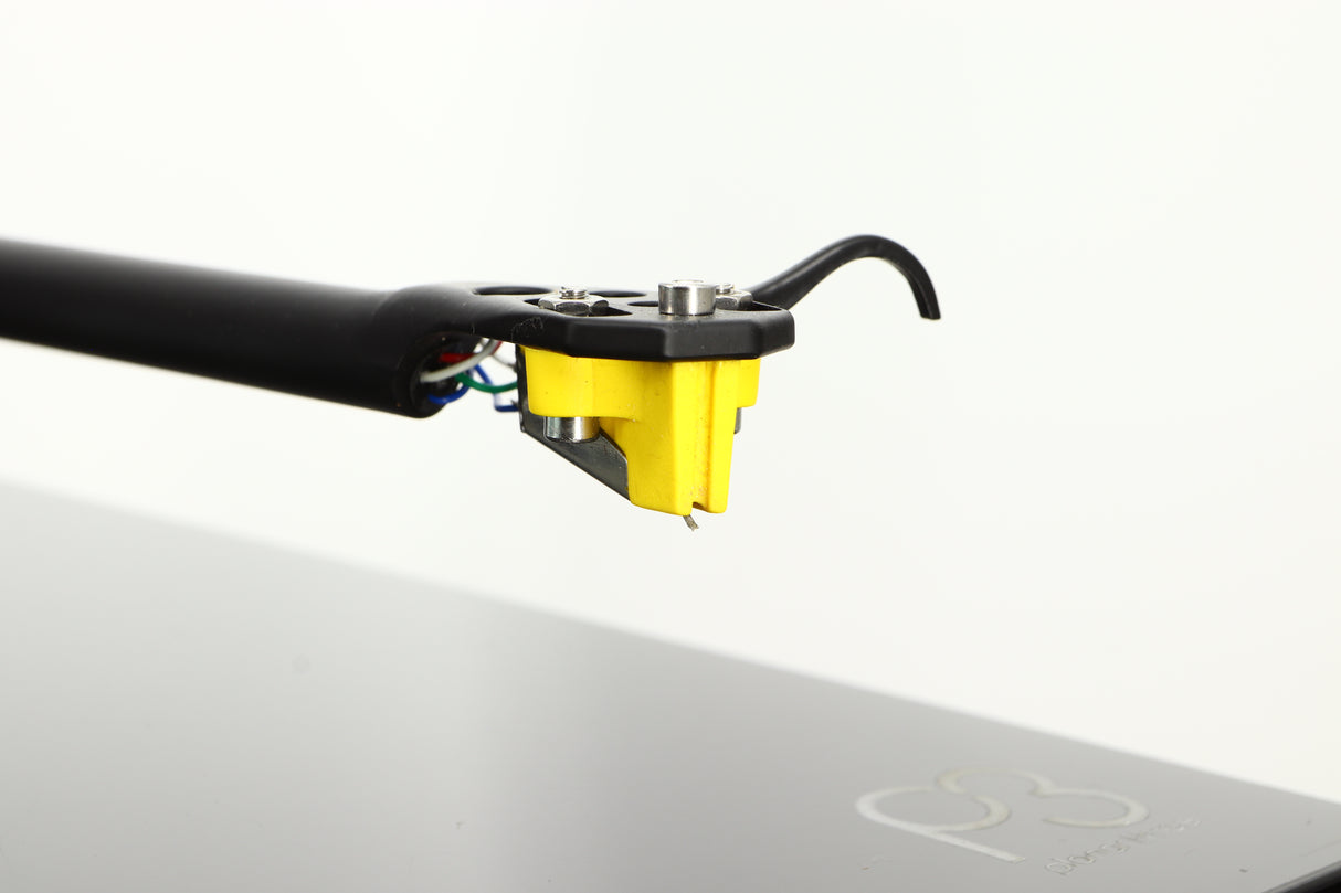 Close up of a used Rega Planar 3 Turntable / Elys Cartridge in a black finish showing stylus