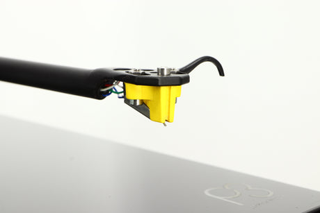 Close up of a used Rega Planar 3 Turntable / Elys Cartridge in a black finish showing stylus