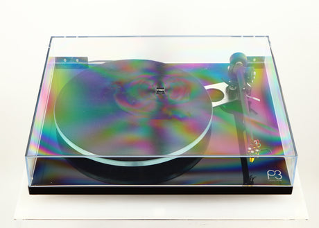 Front view of a used Rega Planar 3 Turntable / Elys Cartridge in a black finish showing lid