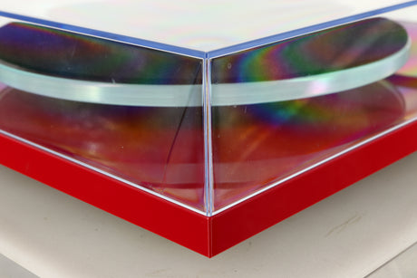 Front left corner view of a used Rega Planar 3 Turntable in Red finish with Exact Cartridge