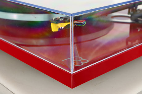 Front right corner view of a used Rega Planar 3 Turntable in Red finish with Exact Cartridge
