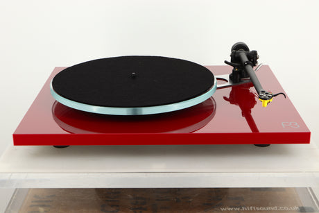 Front view of a used Rega Planar 3 Turntable in Red finish with Exact Cartridge