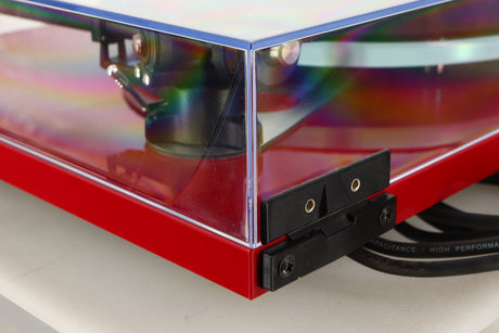 Rear left corner view of a used Rega Planar 3 Turntable in Red finish with Exact Cartridge