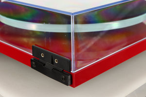 Rear right corner view of a used Rega Planar 3 Turntable in Red finish with Exact Cartridge