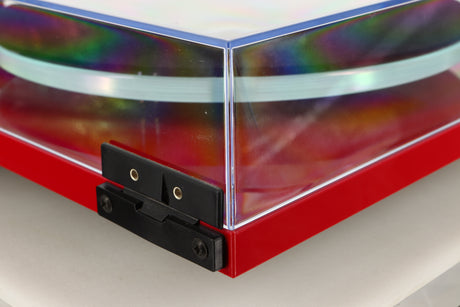 Rear right corner view of a used Rega Planar 3 Turntable in Red finish with Exact Cartridge